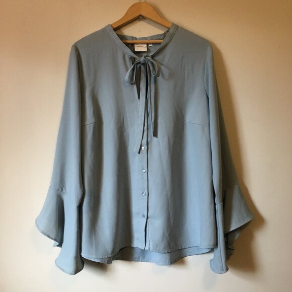 Pale Periwinkle Blue Bow Collar Bell Sleeve Button Down Evelina Blouse - Picture 1 of 16